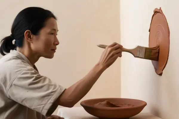 Mulher pintando uma parede com tinta feita a partir de barro