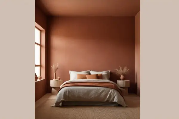 Imagem de um quarto com uma parede pintada com barro