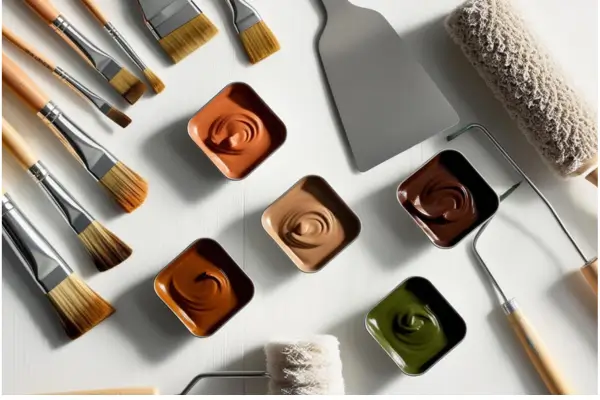 Várias amostras de pigmentos de barro e algumas ferramentas utilizadas para pintura