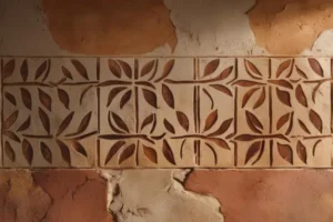 Parede pintada com barro e com arabescos pintados feitos com a técnica de estêncil e pintados também com tinta feita de barro