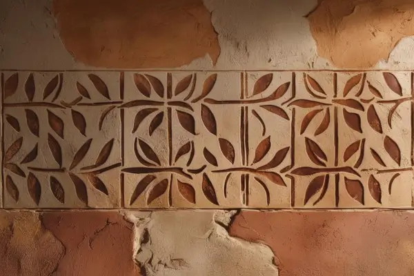 Parede pintada com barro e com arabescos pintados feitos com a técnica de estêncil e pintados também com tinta feita de barro