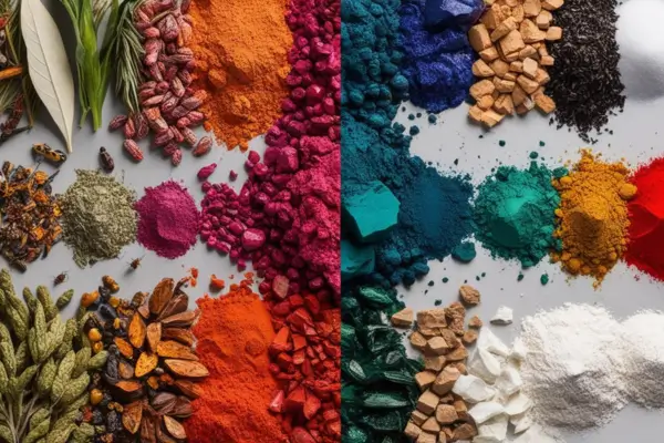Vários tipos de pigmentos naturais contrastando com os pigmentos artificiais