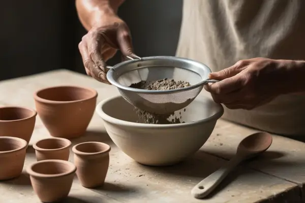 Pessoa peneirando uma mistura para fazer uma tinta de barro.