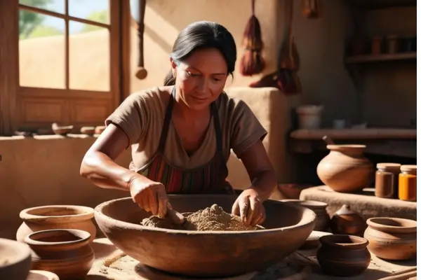 mulher manuseando barro para preparar tinta de barro através de técnicas ancestrais