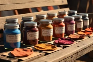 Vários potes de vidro com diferentes amostras de barro, organizados em cima de uma bancada de madeira.