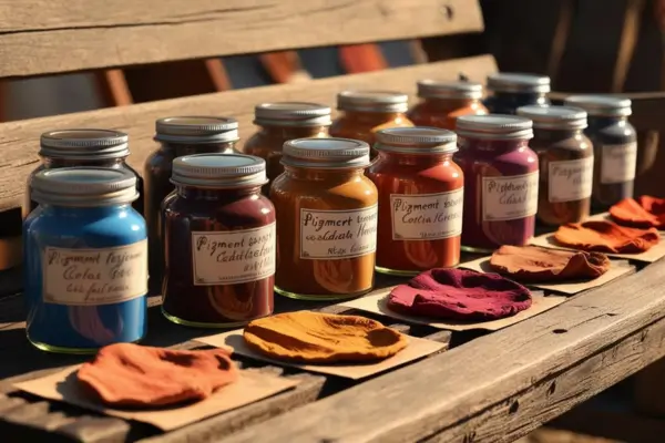 Vários potes de vidro com diferentes amostras de barro, organizados em cima de uma bancada de madeira.