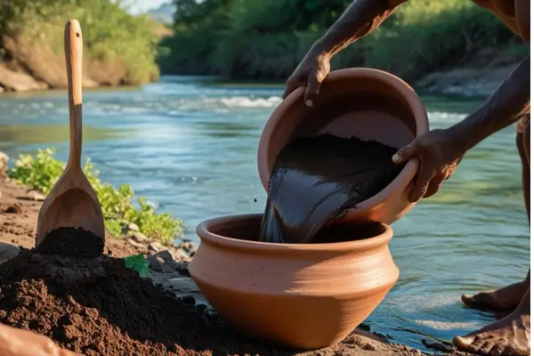 pessoa recolhendo o barro de forma sustentável a beira de um rio