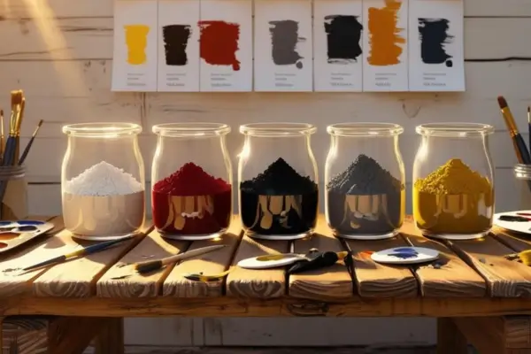 Bancada com vários potes de vidro com vários tipos de pigmentos de barro, nas cores vermelha, amarela, preta, cinza e branco. Ao fundo, testes de pintura com esses pigmentos.