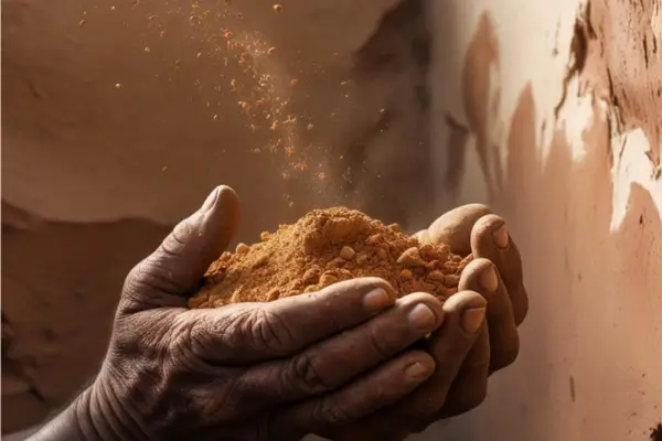Duas mãos segurando um punhado de barro em pós e seco