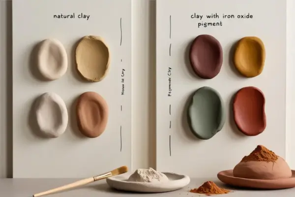 Várias amostras de barro natural e de barros pigmentado, demonstrando as diferenças e possibilidades dos mesmos