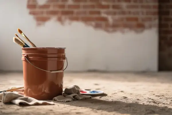 Um balde com tinta de barro em um cômodo de uma obra, com paredes inacabadas