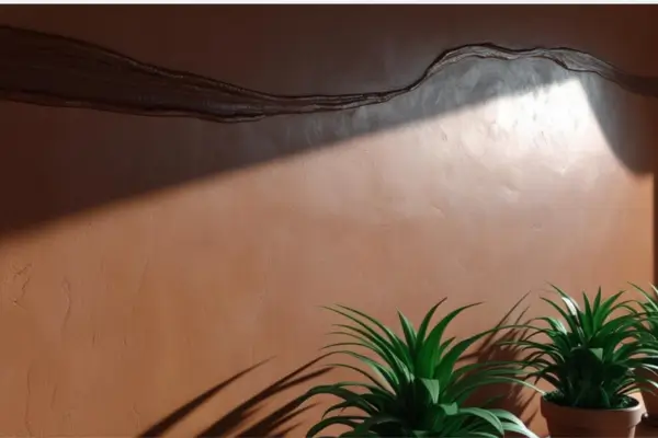 Uma parede pintada com tinta de barro e com um lindo acabamento feito a cera, que faz com que a parede reflita o brilho do sol