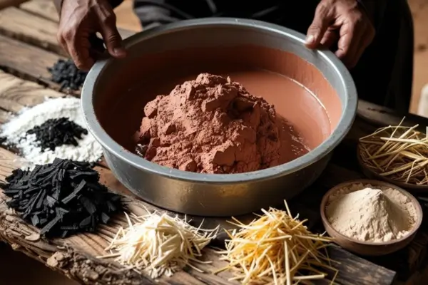 Uma bacia com tinta feita de barro e em volta dessa bacia, vários materiais naturais que são utilizados para melhorar o desempenho dessa tinta como cinzas, goma, palha