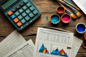 Mesa rustica com calculadora e vários gráficos comparativos junto a pincéis e potes de tintas de pigmentos naturais e barro.
