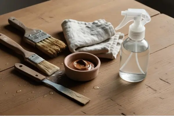 Vários materiais de pintura com barrro em cima de uma mesa de madeira rústica