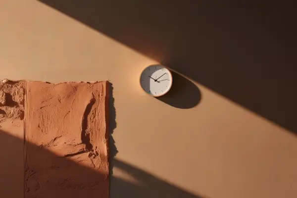 Um relógio preso em uma parede pintada com pintura de barro, iluminado por uma faixa de sol.