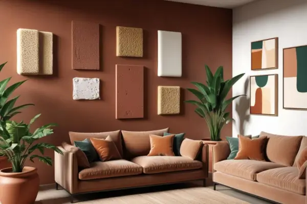 Uma sala pintada com tinta de barro e vários quadros com amostras de outras texturas feitas com barros e outros pigmentos também de barro