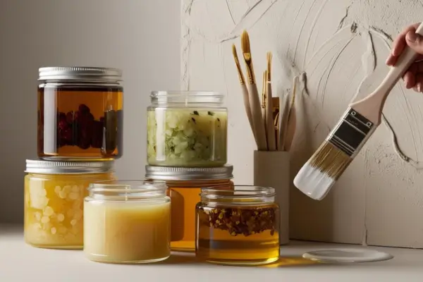 Mesa com vários tipos de ceras naturais que podem ser utilizadas para finalização da pintura com barro