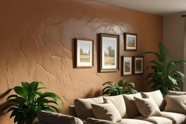 Uma agradável sala com parede pintada com tinta feita d ebarro, com vários quadros na parede , plantas e um confortável sofá.