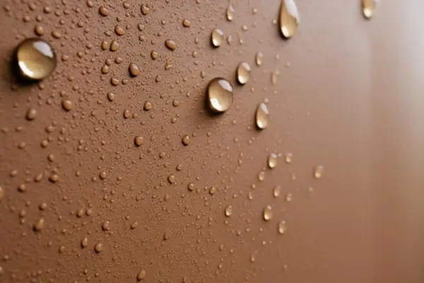 parede pintada com tinta de barro e impermeabilizada de modo que as gotas de água não penetram; elas escorrem pela parede e pela superfície da tinta