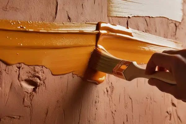 Um pincel aplicando goma laca em uma parede pintada com tinta de barro