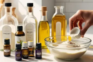 Diversos vidros com óleos naturais que podem ser usados para proteger e dar acabamento na pintura com barro