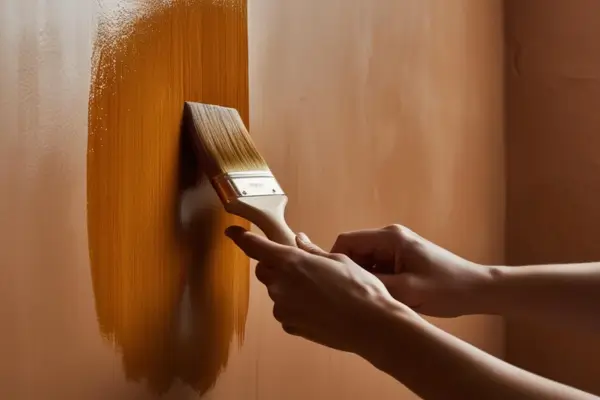 Uma pessoa aplicando um verniz ou cera protetora em uma parede pintada com tinta feita com barro