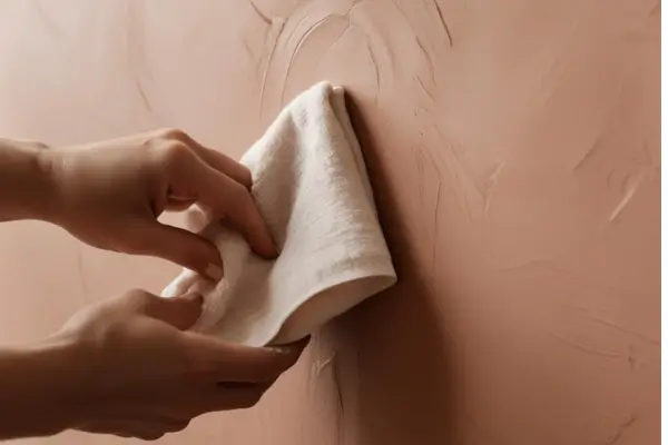 Pessoa com um pano fazendo polimento de uma parede pintada com barro