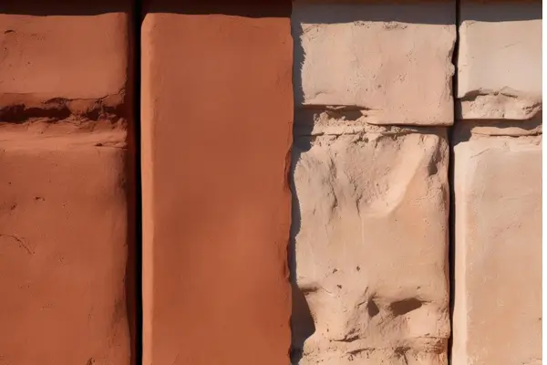 paredes pintada com barro; uma parte com a cor viva e outra, desbotada