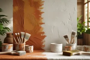 Parede dividida mostrando a diferença entre pintura com cal e pintura com barro