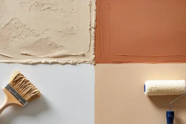 Parede com testes de acabamento: barro natural e tinta acrílica aplicados lado a lado com ferramentas artesanais.