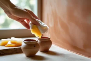 Uma parede de barro sendo impermeabilizada com ceras naturais